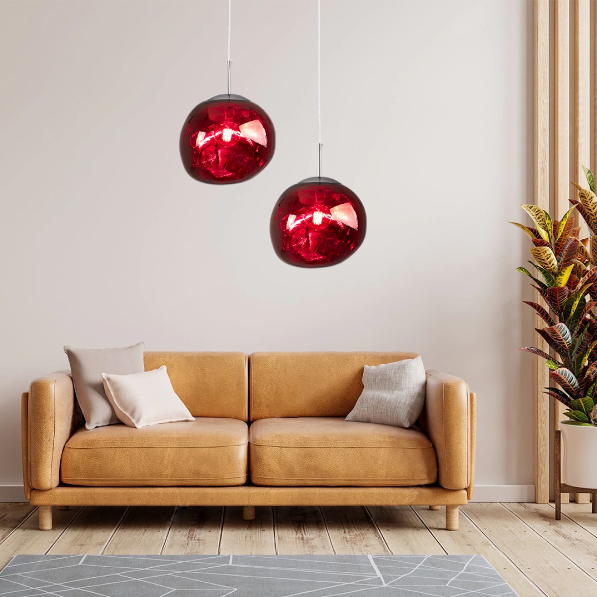 GloboStar® DIXAR 00763 Μοντέρνο Κρεμαστό Φωτιστικό Ανάρτηση Μονόφωτο 1 x E27 IP20 Κόκκινο Γυαλί με Ασημί Μέταλλο - Μ36 x Π36 x Υ45cm