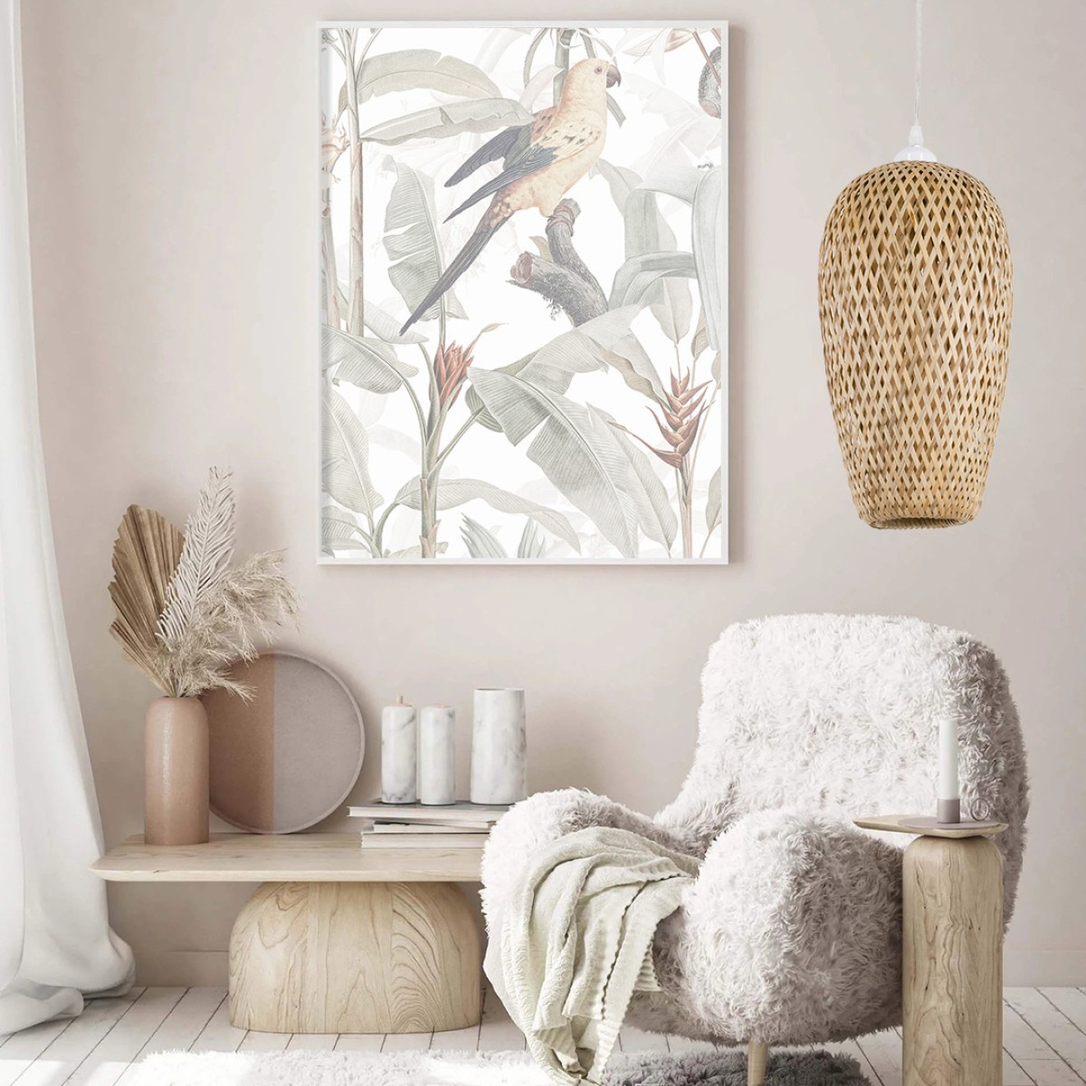 GloboStar® SAN TROPEZ 00764 Boho Κρεμαστό Φωτιστικό Ανάρτηση Μονόφωτο 1 x E27 IP20 Μπεζ Ξύλο - Μ19 x Π19 x Υ42cm