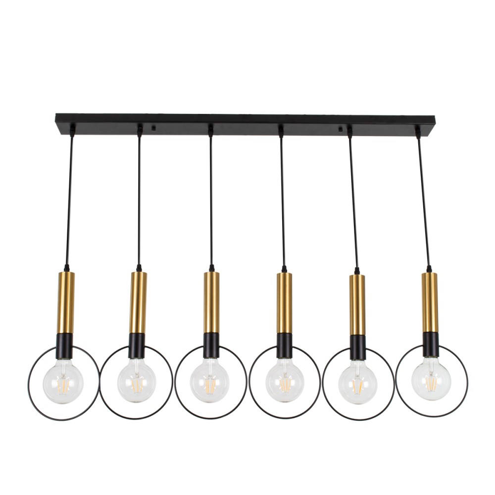GloboStar® OLVERO 00776 Μοντέρνο Κρεμαστό Φωτιστικό Ράγα Πολύφωτο 6 x E27 IP20 Μαύρο & Χρυσό Μέταλλο - Μ110 x Π18 x Y130cm