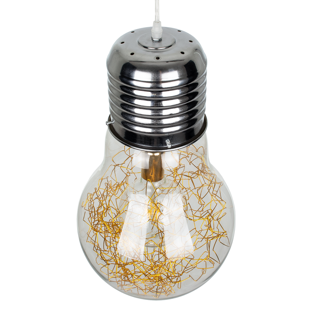 GloboStar® LAMP 00808 Μοντέρνο Κρεμαστό Φωτιστικό Φιγούρα Μονόφωτο 1 x E27 IP20 Ασημί & Χρυσό Μέταλλο με Διάφανο Γυαλί - Μ30 x Π30 x Υ52cm