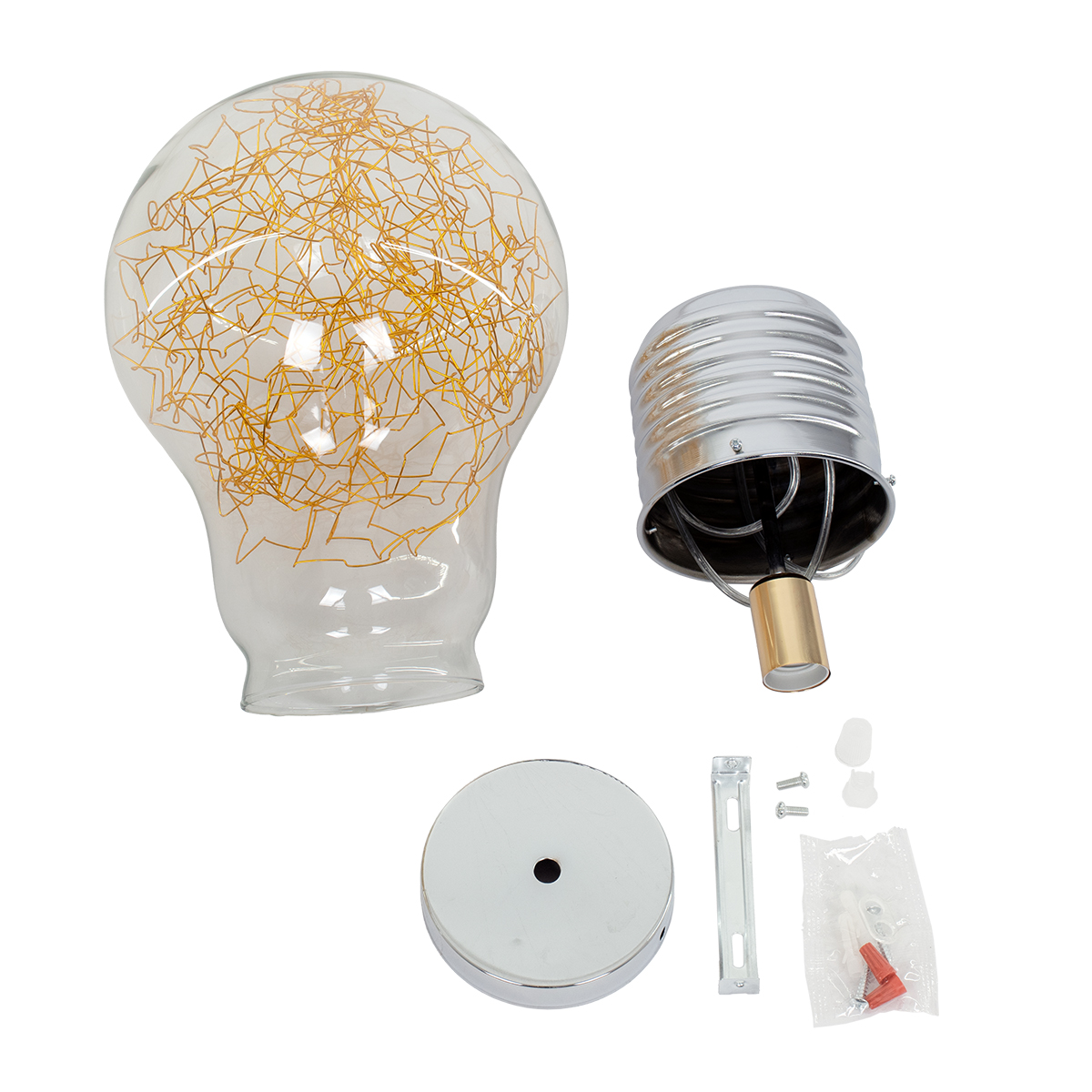 GloboStar® LAMP 00808 Μοντέρνο Κρεμαστό Φωτιστικό Φιγούρα Μονόφωτο 1 x E27 IP20 Ασημί & Χρυσό Μέταλλο με Διάφανο Γυαλί - Μ30 x Π30 x Υ52cm
