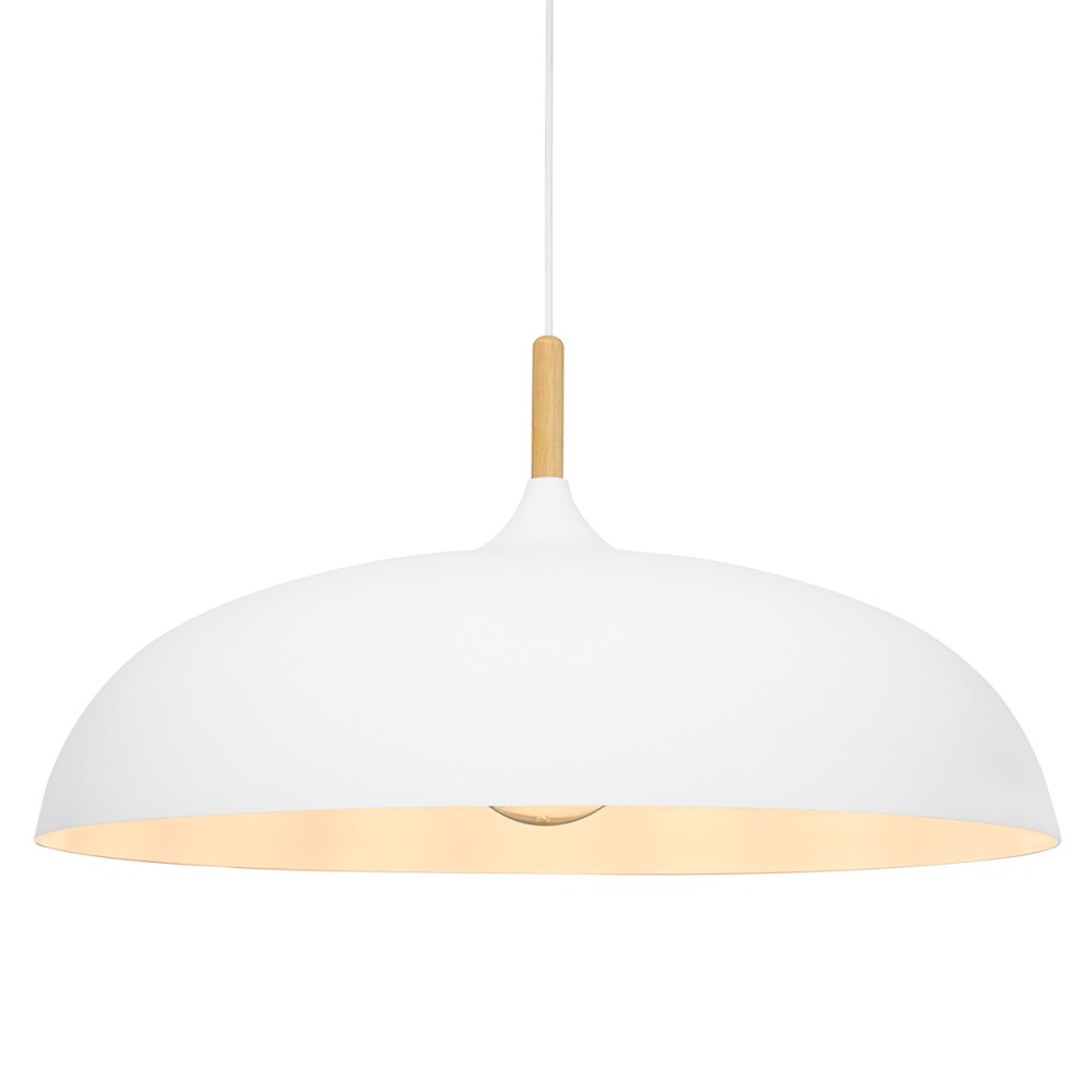 GloboStar® VALLETE 00837 Μοντέρνο Κρεμαστό Φωτιστικό Καμπάνα Μονόφωτο 1 x E27 IP20 Λευκό Μέταλλο με Μπεζ Ξύλο - Μ60 x Π60 x Υ35cm