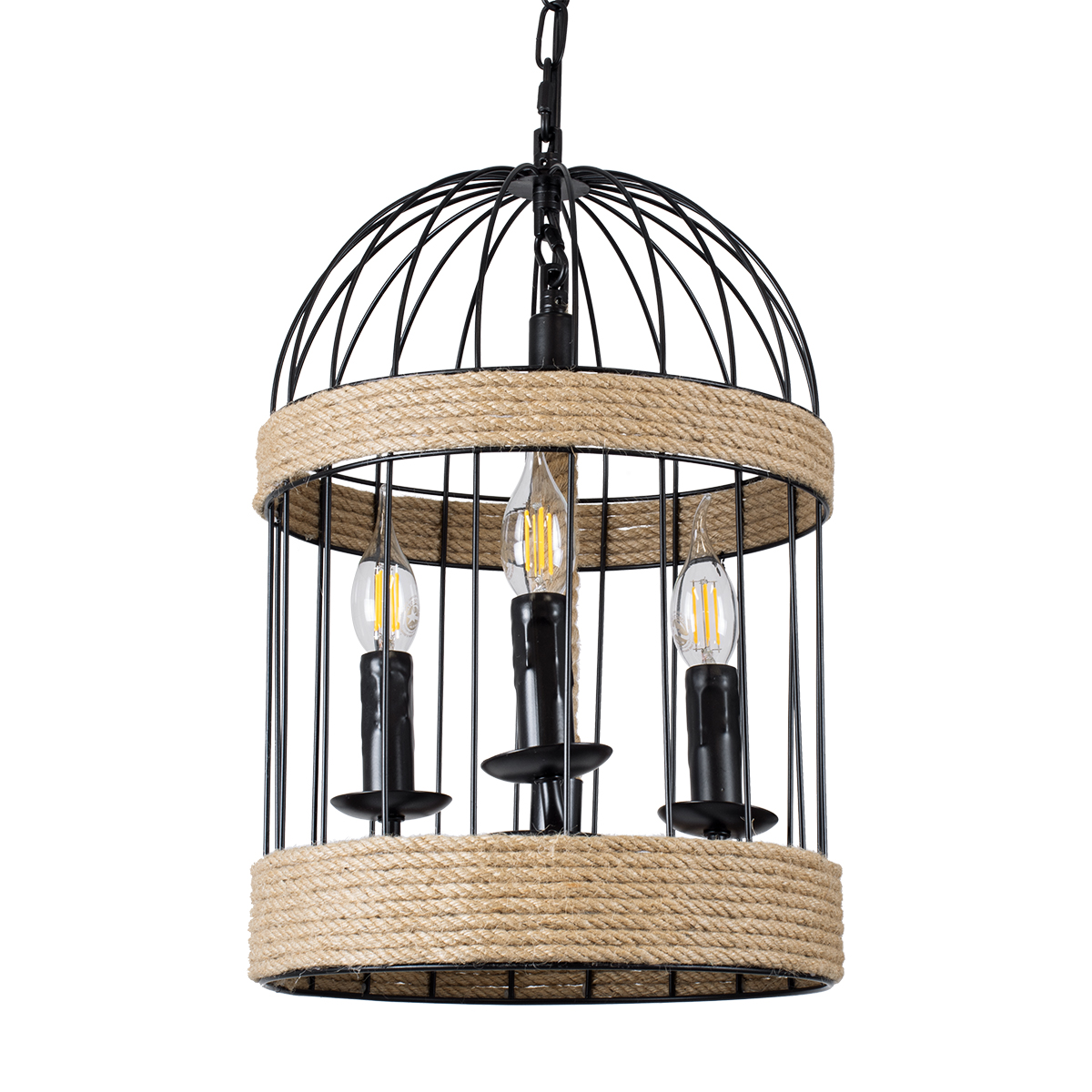 GloboStar® MERLIN 00865 Vintage Κρεμαστό Φωτιστικό Πλέγμα Τρίφωτο 3 x E14 IP20 Μαύρο Μέταλλο Με Μπεζ Σχοινί - Μ28 x Π28 x Υ40cm