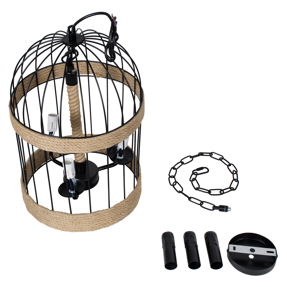 GloboStar® MERLIN 00865 Vintage Κρεμαστό Φωτιστικό Πλέγμα Τρίφωτο 3 x E14 IP20 Μαύρο Μέταλλο Με Μπεζ Σχοινί - Μ28 x Π28 x Υ40cm