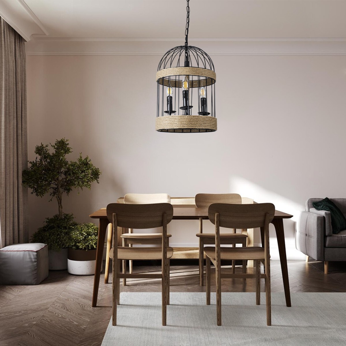 GloboStar® MERLIN 00865 Vintage Κρεμαστό Φωτιστικό Πλέγμα Τρίφωτο 3 x E14 IP20 Μαύρο Μέταλλο Με Μπεζ Σχοινί - Μ28 x Π28 x Υ40cm
