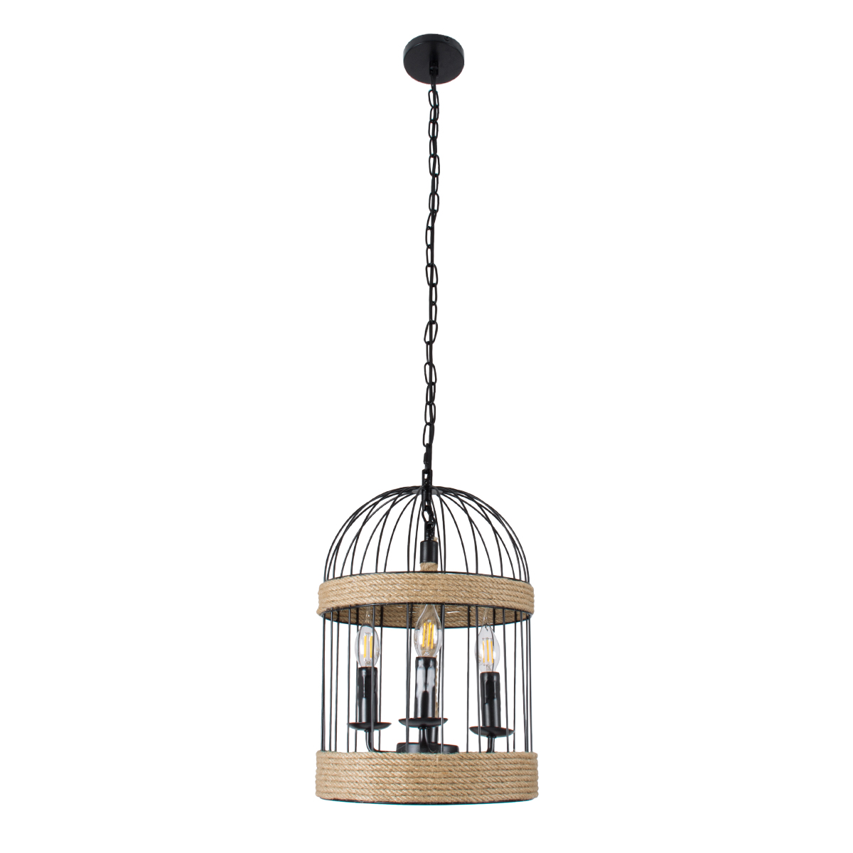 GloboStar® MERLIN 00865 Vintage Κρεμαστό Φωτιστικό Πλέγμα Τρίφωτο 3 x E14 IP20 Μαύρο Μέταλλο Με Μπεζ Σχοινί - Μ28 x Π28 x Υ40cm