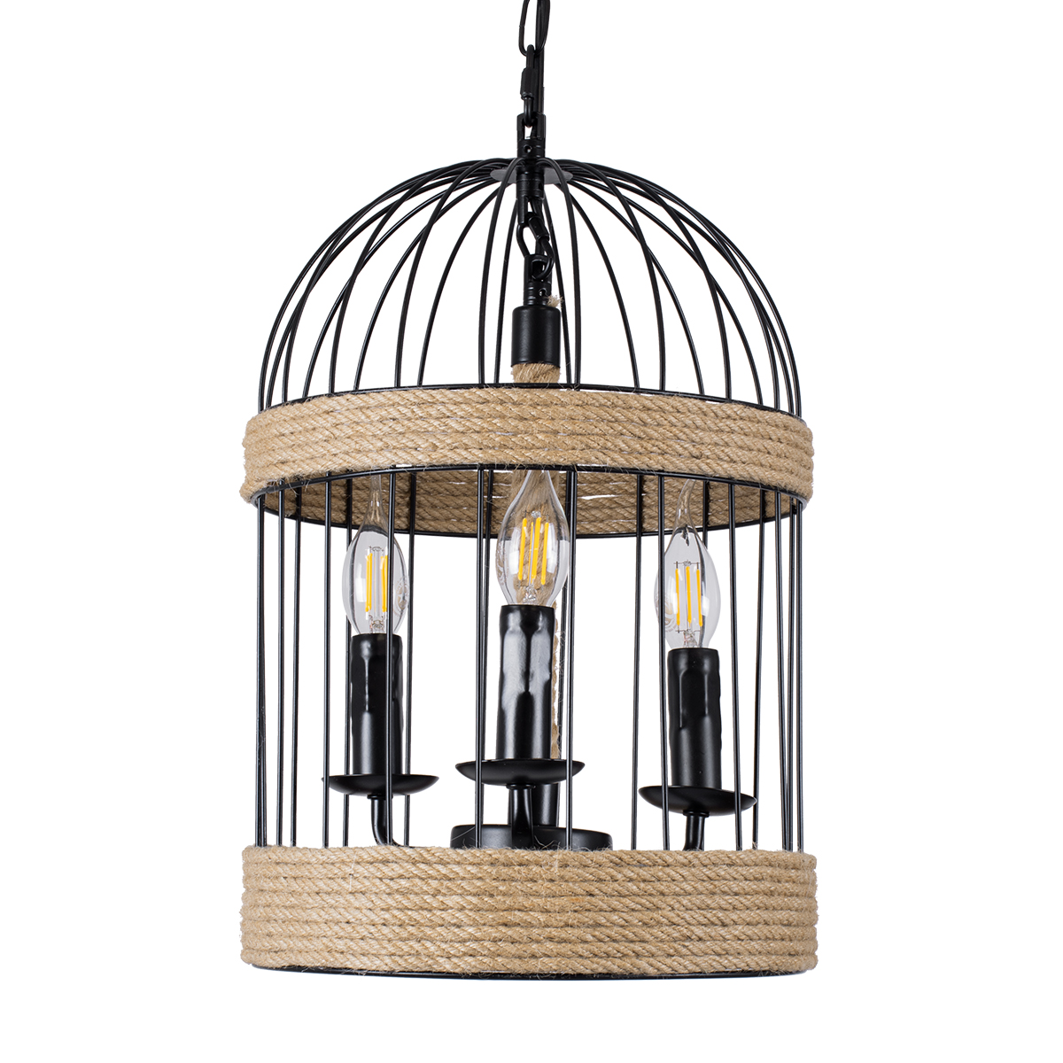 GloboStar® MERLIN 00865 Vintage Κρεμαστό Φωτιστικό Πλέγμα Τρίφωτο 3 x E14 IP20 Μαύρο Μέταλλο Με Μπεζ Σχοινί - Μ28 x Π28 x Υ40cm