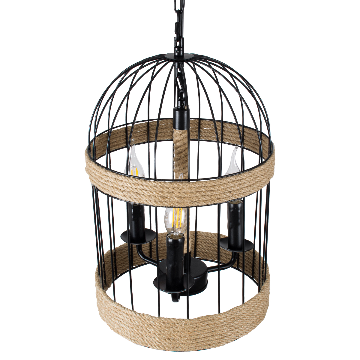 GloboStar® MERLIN 00865 Vintage Κρεμαστό Φωτιστικό Πλέγμα Τρίφωτο 3 x E14 IP20 Μαύρο Μέταλλο Με Μπεζ Σχοινί - Μ28 x Π28 x Υ40cm