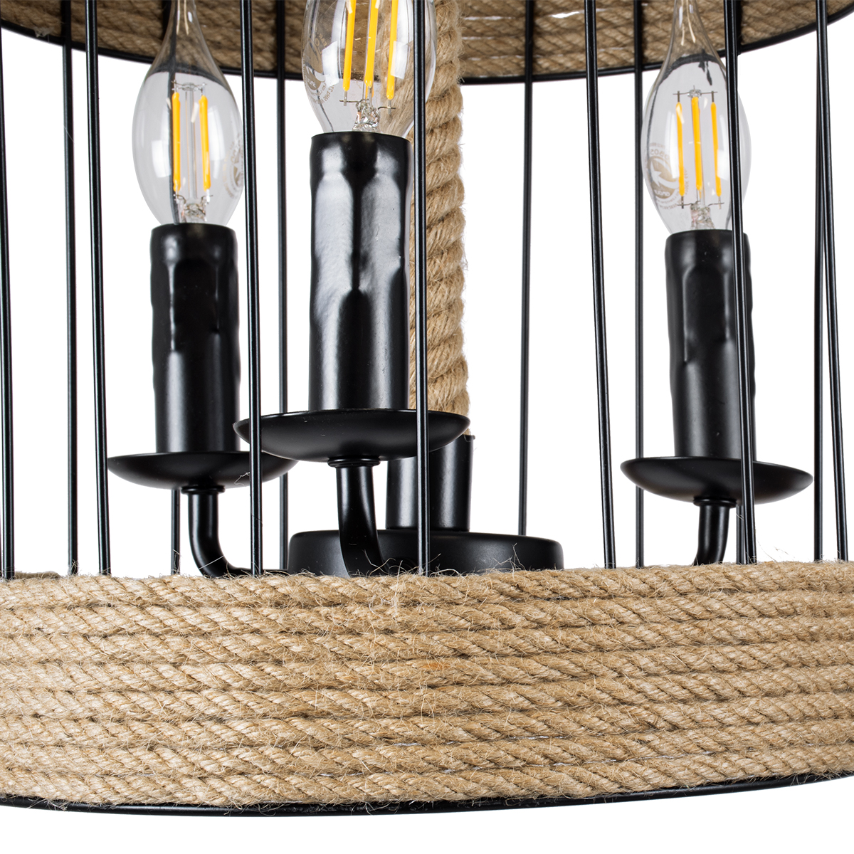 GloboStar® MERLIN 00865 Vintage Κρεμαστό Φωτιστικό Πλέγμα Τρίφωτο 3 x E14 IP20 Μαύρο Μέταλλο Με Μπεζ Σχοινί - Μ28 x Π28 x Υ40cm