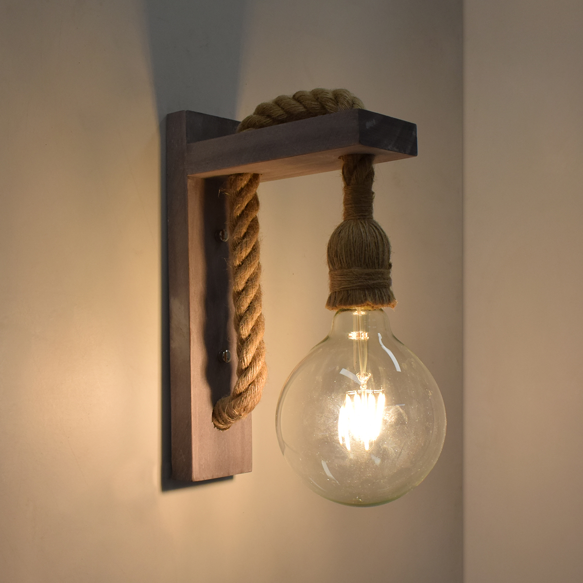 GloboStar® KENSI 00879 Vintage Επιτοίχιο Φωτιστικό Απλίκα Μονόφωτο 1 x E27 IP20 Γκρι Ξύλο με Μπεζ Σχοινί - Μ7 x Π20 x Υ30cm