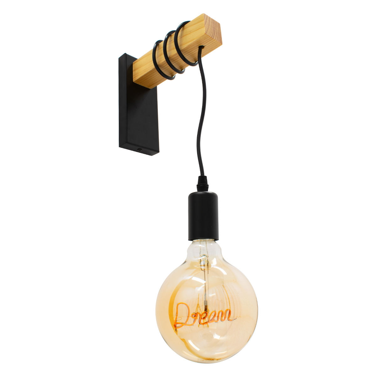 GloboStar® KELA 00880 Μοντέρνο Επιτοίχιο Φωτιστικό Απλίκα Μονόφωτο 1 x E27 IP20 Μαύρο Μέταλλο με Μπεζ Ξύλο - Μ6.5 x Π18 x Υ30cm