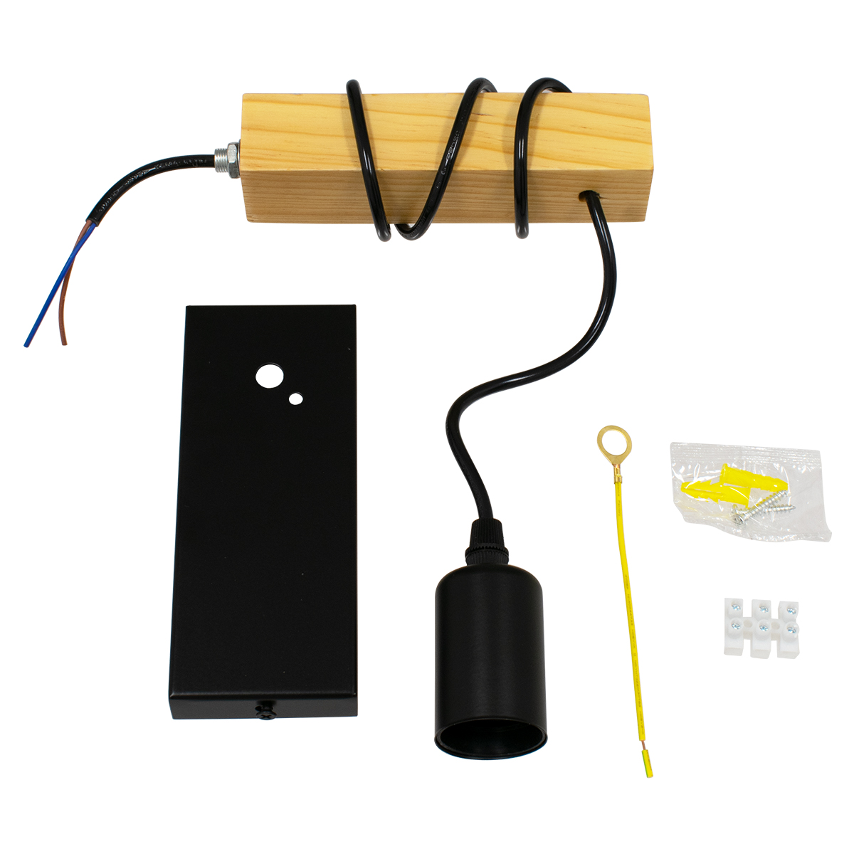 GloboStar® KELA 00880 Μοντέρνο Επιτοίχιο Φωτιστικό Απλίκα Μονόφωτο 1 x E27 IP20 Μαύρο Μέταλλο με Μπεζ Ξύλο - Μ6.5 x Π18 x Υ30cm