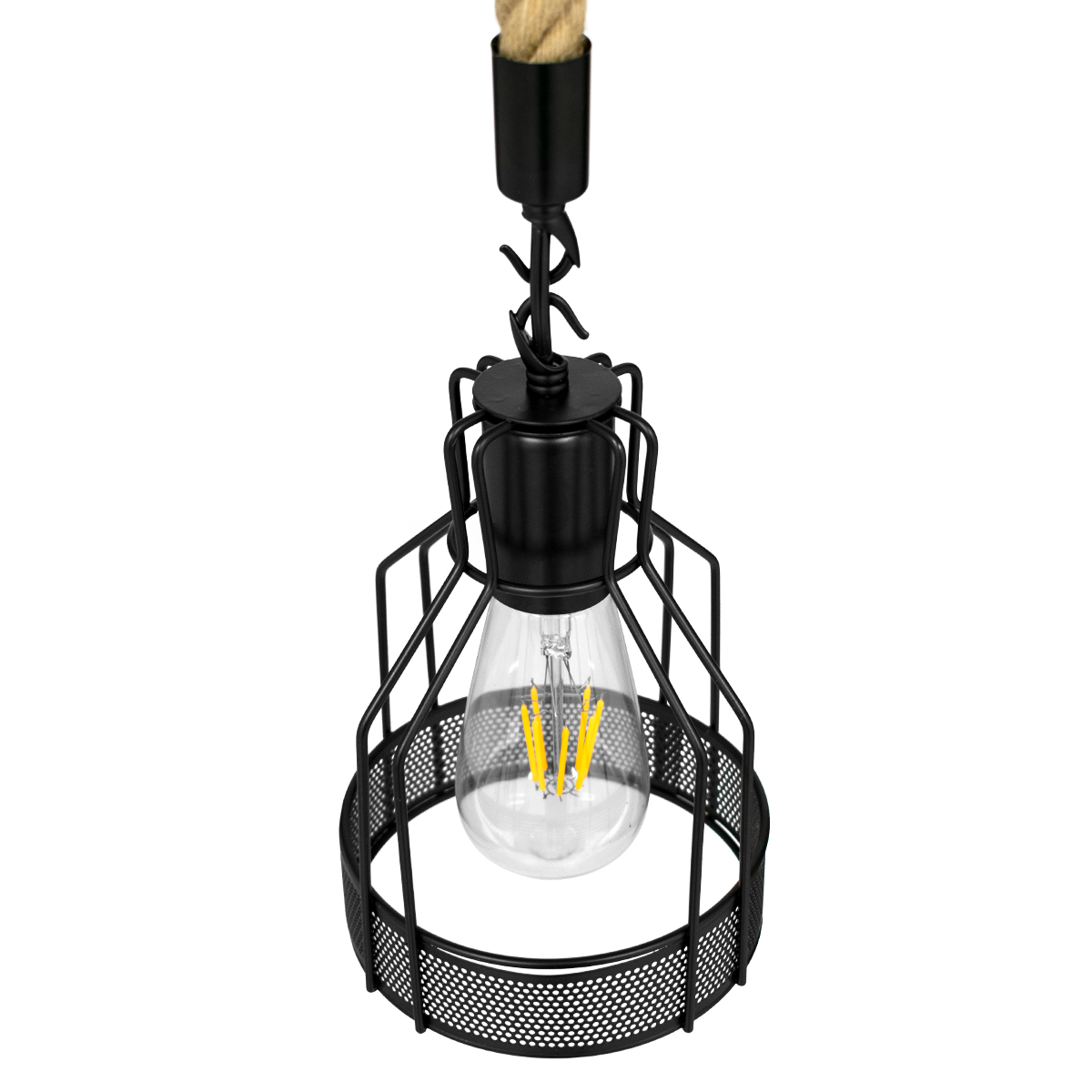 GloboStar® MASON 00881 Vintage Κρεμαστό Φωτιστικό Ανάρτηση Μονόφωτο 1 x E27 IP20 Μαύρο Μέταλλο με Μπεζ Σχοινί - Μ15 x Π15 x Υ24cm