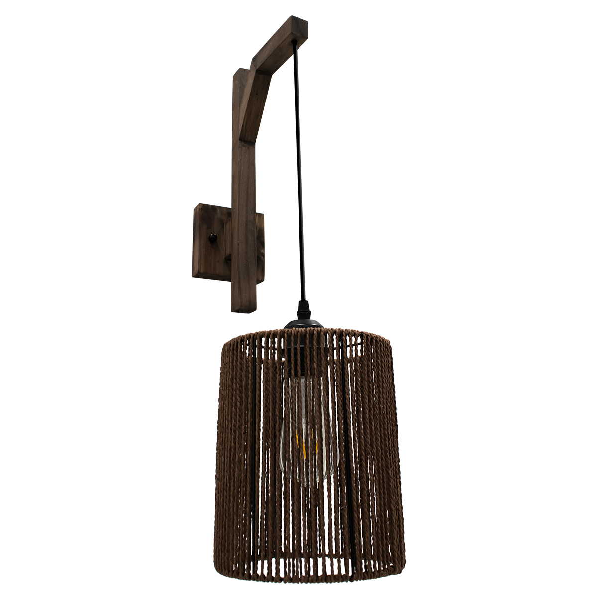 GloboStar® ARTI 00887 Vintage Επιτοίχιο Φωτιστικό Απλίκα Μονόφωτο 1 x E27 IP20 Καφέ Ξύλο με Καφέ Σχοινί - Μ18 x Π30 x Υ75cm