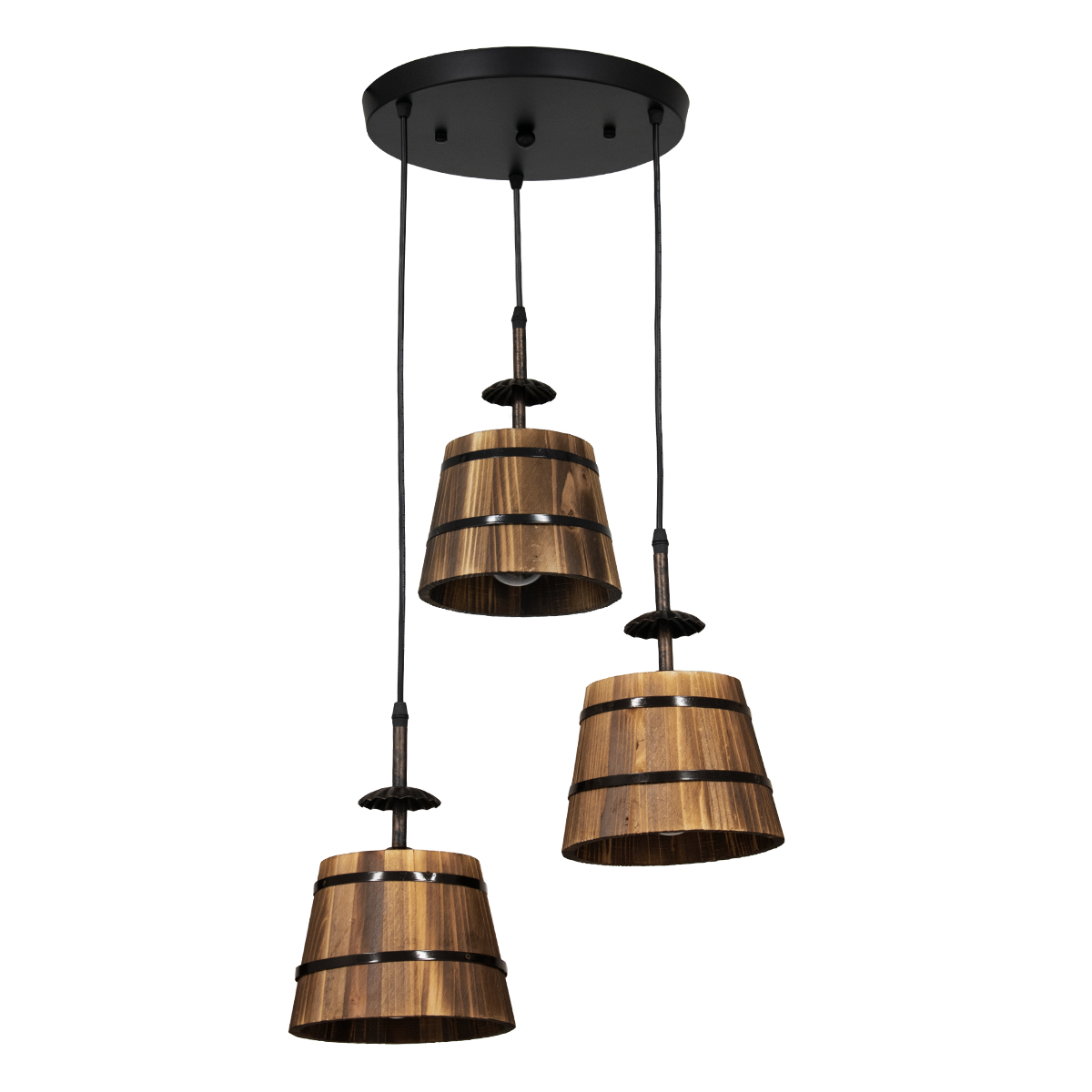 GloboStar® CEBU 00888 Vintage Κρεμαστό Φωτιστικό Καπέλο Τρίφωτο 3 x E27 IP20 Μαύρο Μέταλλο με Καφέ Ξύλο - Μ40 x Π40 x Y210cm