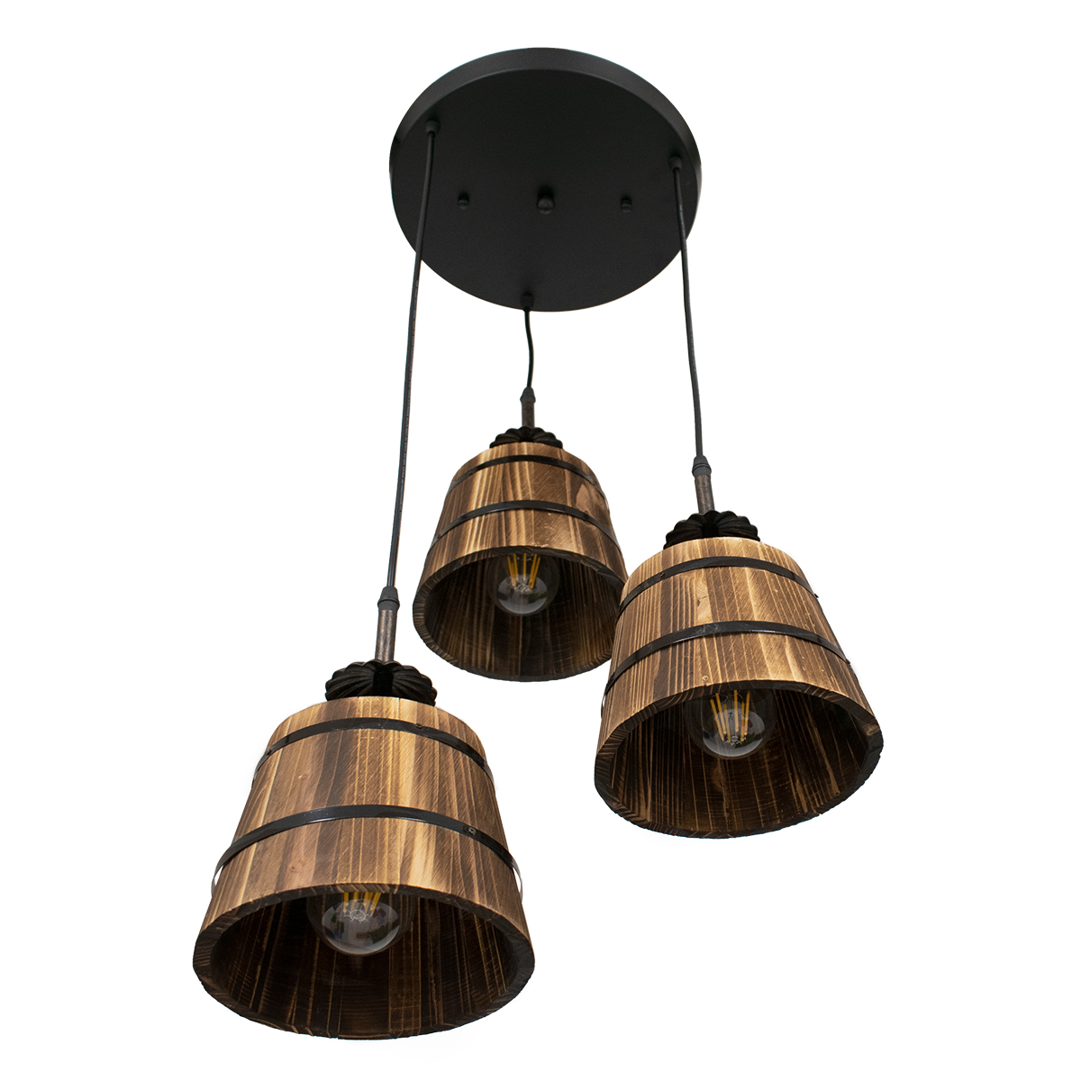 GloboStar® CEBU 00888 Vintage Κρεμαστό Φωτιστικό Καπέλο Τρίφωτο 3 x E27 IP20 Μαύρο Μέταλλο με Καφέ Ξύλο - Μ40 x Π40 x Y210cm