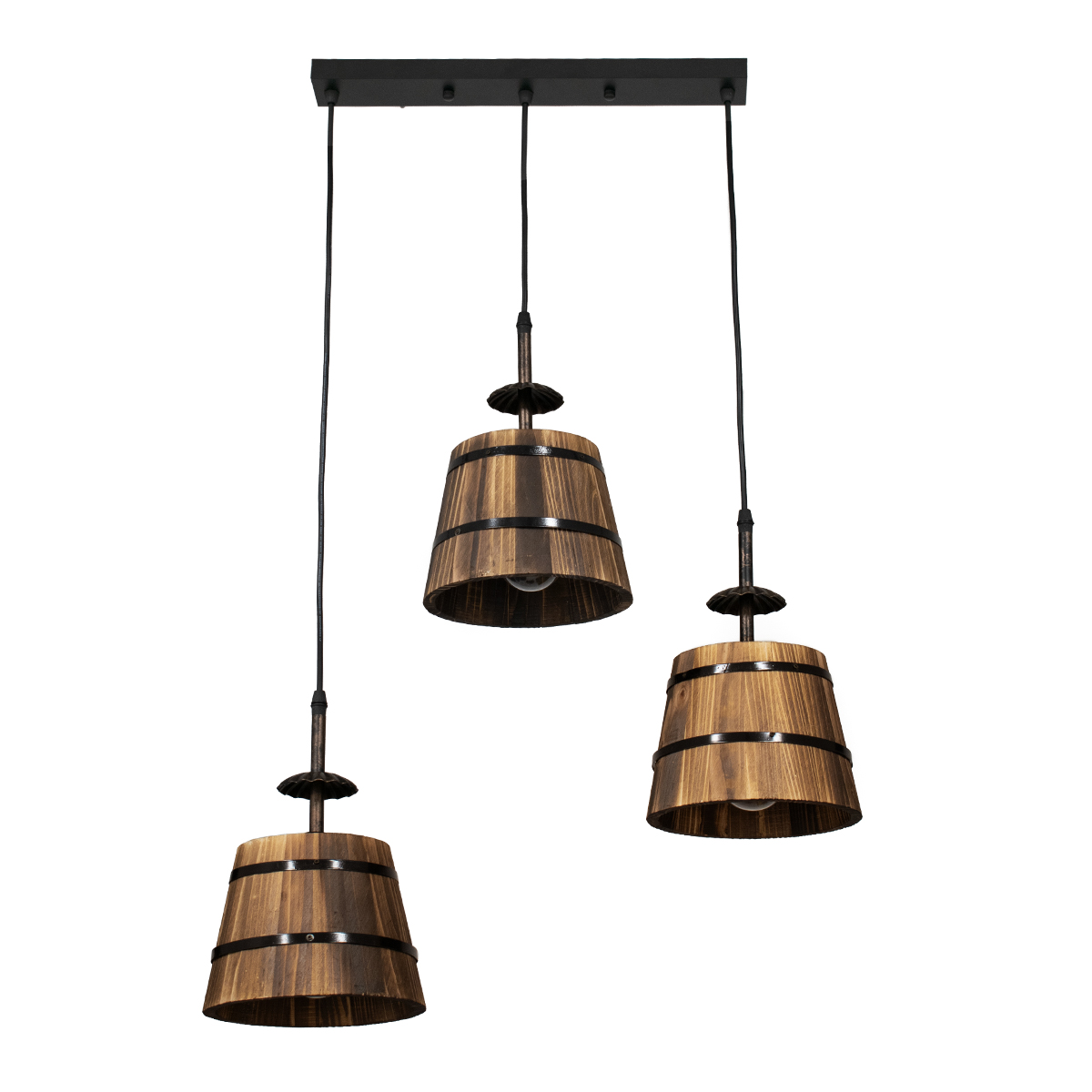 GloboStar® CEBU 00889 Vintage Κρεμαστό Φωτιστικό Καπέλο Τρίφωτο 3 x E27 IP20 Μαύρο Μέταλλο με Καφέ Ξύλο - Μ55.5 x Π18.5 x Y210cm