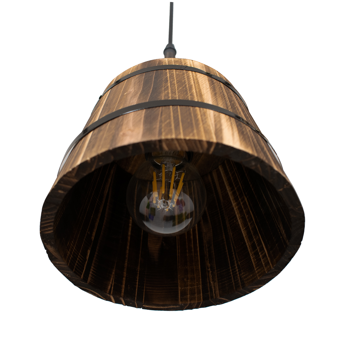 GloboStar® CEBU 00889 Vintage Κρεμαστό Φωτιστικό Καπέλο Τρίφωτο 3 x E27 IP20 Μαύρο Μέταλλο με Καφέ Ξύλο - Μ55.5 x Π18.5 x Y210cm
