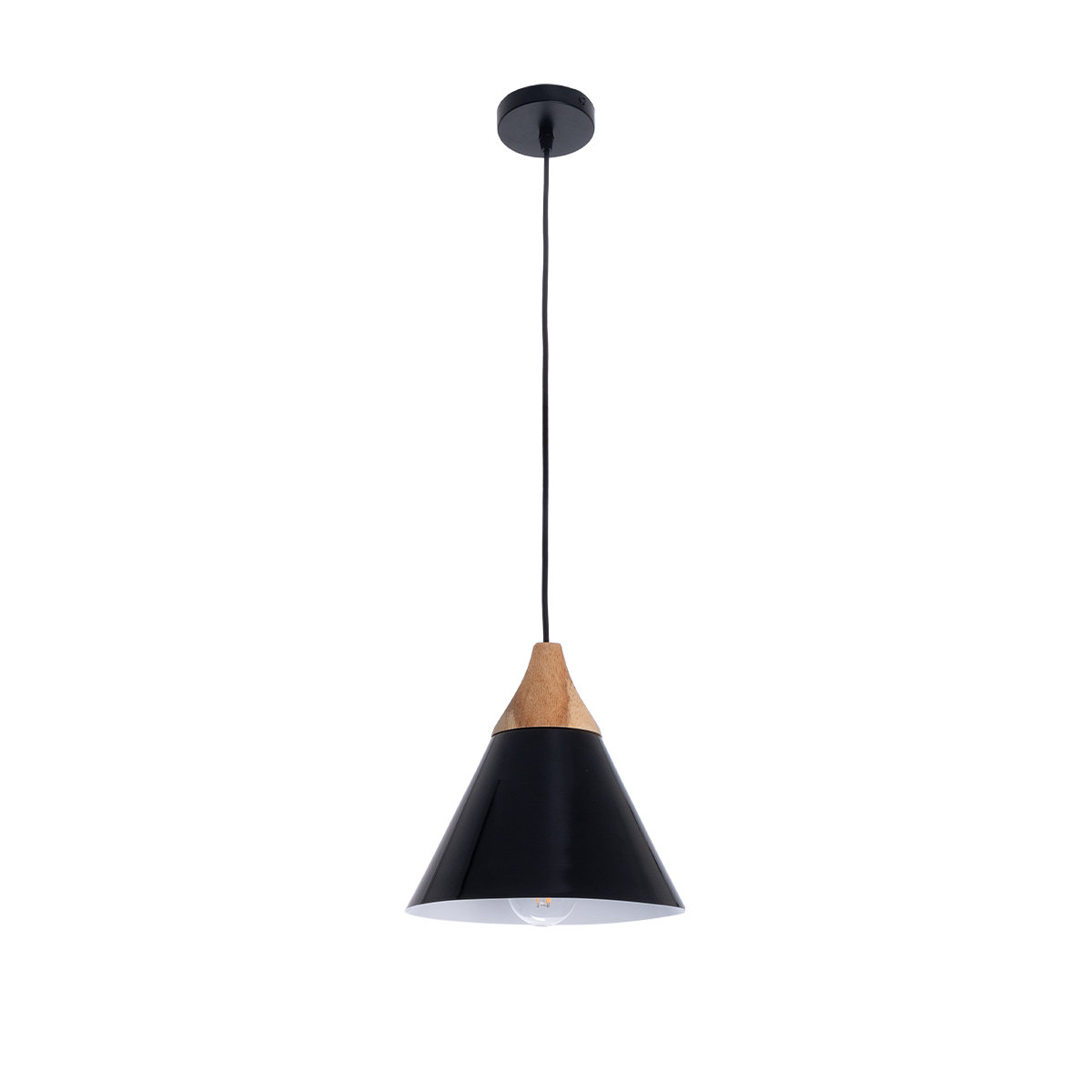 GloboStar® SHADE 00906 Μοντέρνο Κρεμαστό Φωτιστικό Καμπάνα Μονόφωτο 1 x E27 IP20 Μαύρο Μέταλλο με Μπεζ Ξύλο - Μ23 x Π23 x Υ22cm