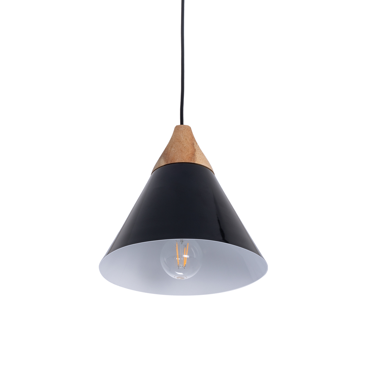 GloboStar® SHADE 00906 Μοντέρνο Κρεμαστό Φωτιστικό Καμπάνα Μονόφωτο 1 x E27 IP20 Μαύρο Μέταλλο με Μπεζ Ξύλο - Μ23 x Π23 x Υ22cm