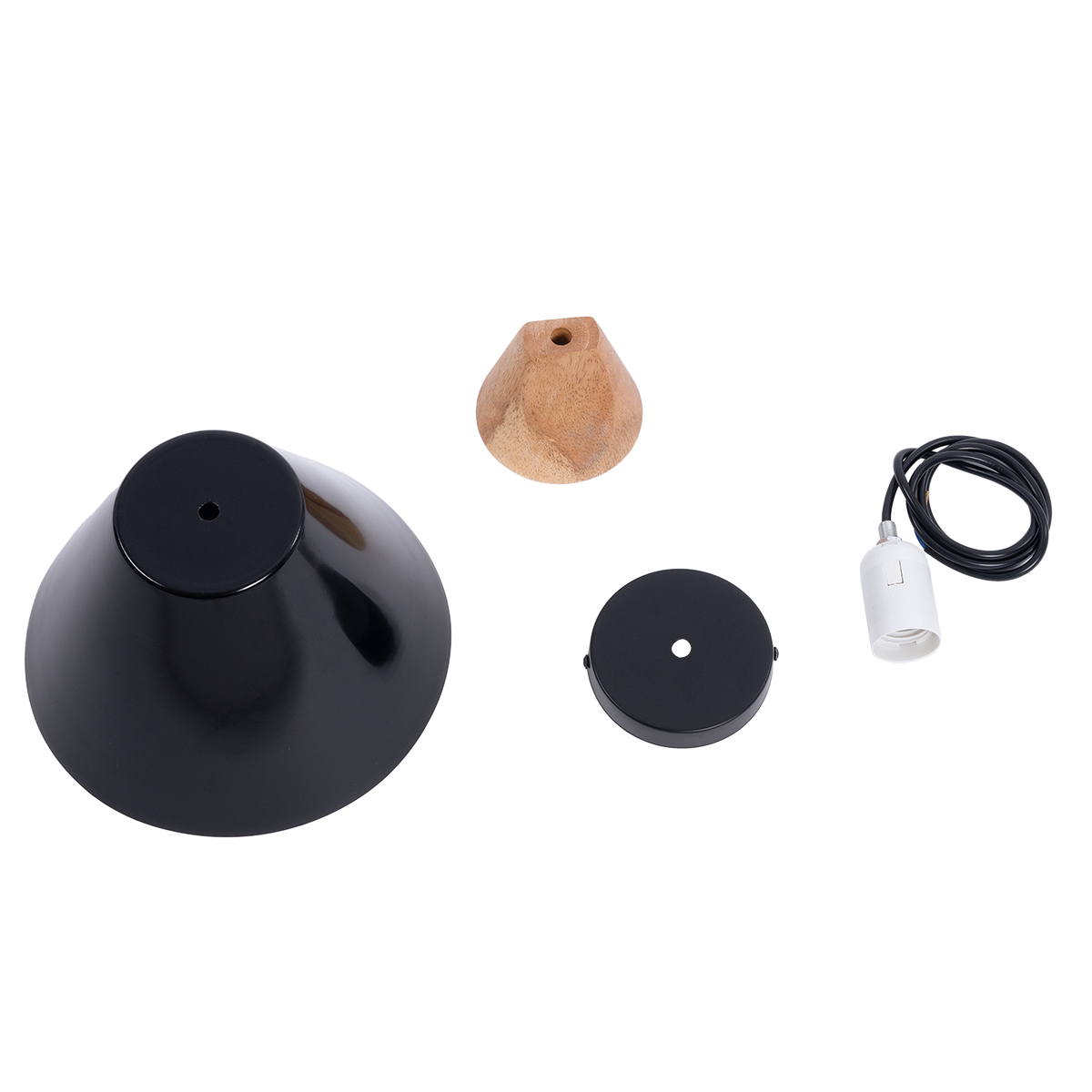 GloboStar® SHADE 00906 Μοντέρνο Κρεμαστό Φωτιστικό Καμπάνα Μονόφωτο 1 x E27 IP20 Μαύρο Μέταλλο με Μπεζ Ξύλο - Μ23 x Π23 x Υ22cm