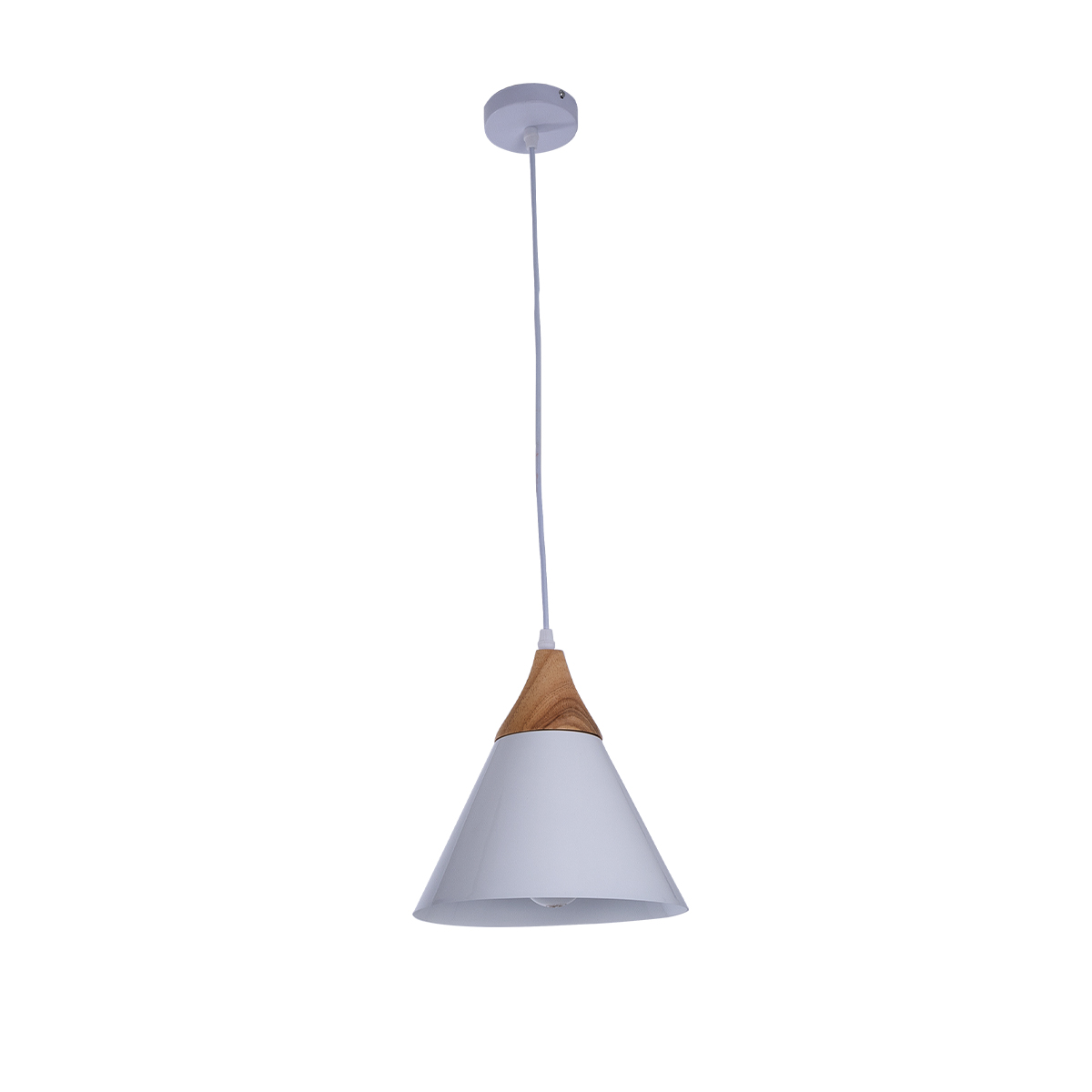 GloboStar® SHADE 00907 Μοντέρνο Κρεμαστό Φωτιστικό Καμπάνα Μονόφωτο 1 x E27 IP20 Λευκό Μέταλλο με Μπεζ Ξύλο - Μ23 x Π23 x Υ22cm