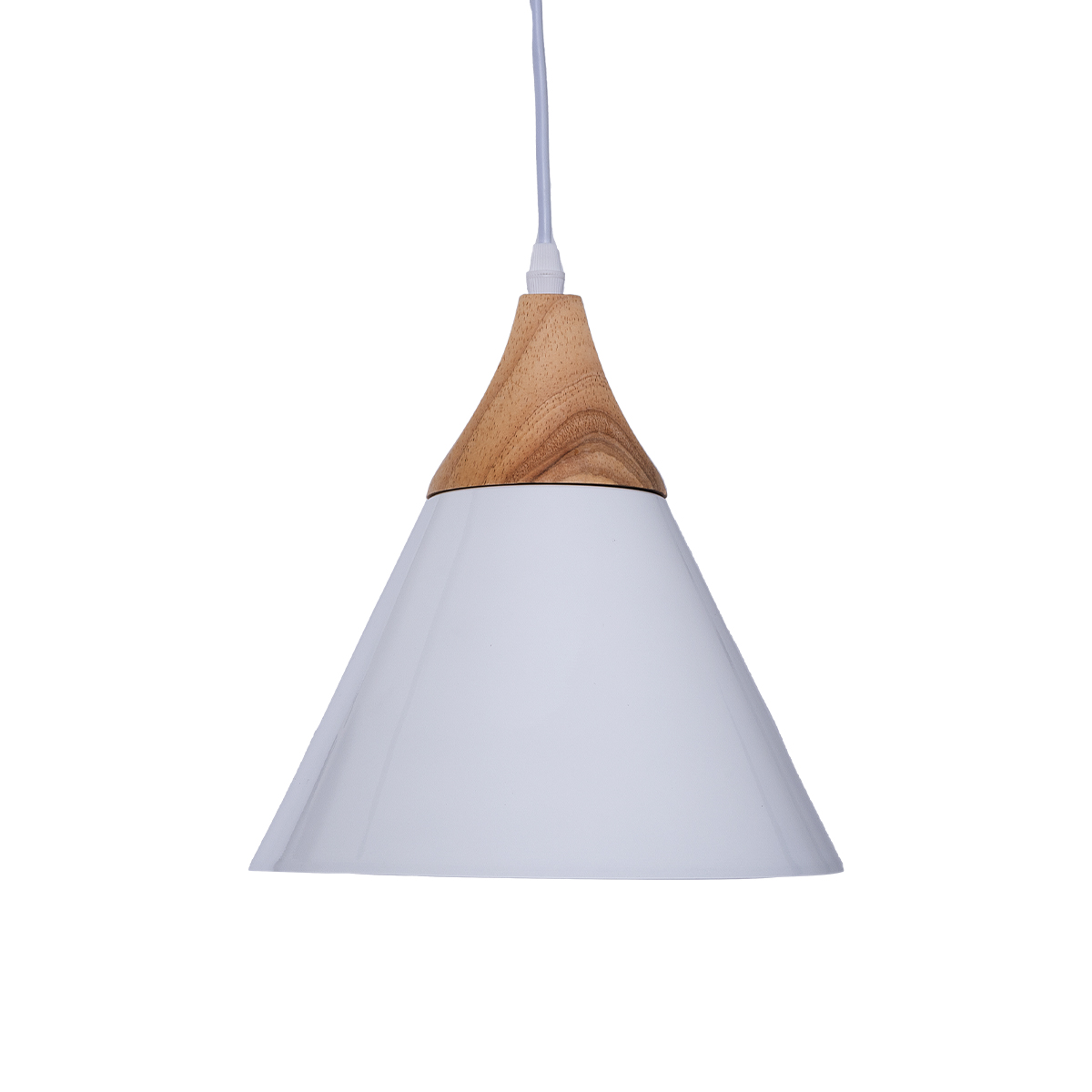 GloboStar® SHADE 00907 Μοντέρνο Κρεμαστό Φωτιστικό Καμπάνα Μονόφωτο 1 x E27 IP20 Λευκό Μέταλλο με Μπεζ Ξύλο - Μ23 x Π23 x Υ22cm