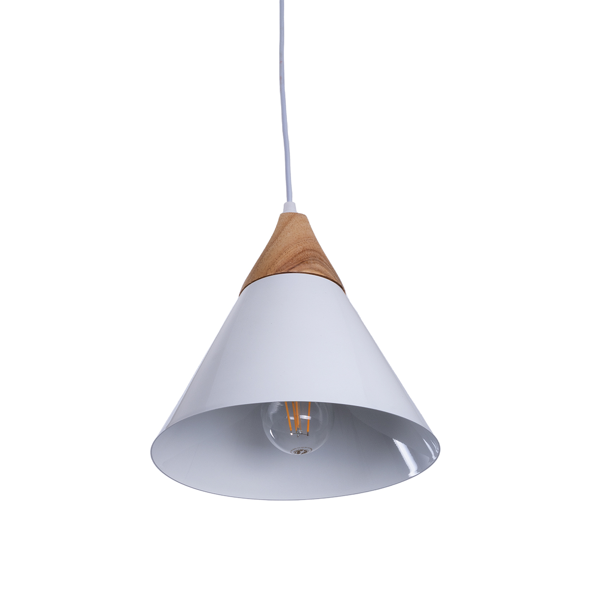 GloboStar® SHADE 00907 Μοντέρνο Κρεμαστό Φωτιστικό Καμπάνα Μονόφωτο 1 x E27 IP20 Λευκό Μέταλλο με Μπεζ Ξύλο - Μ23 x Π23 x Υ22cm