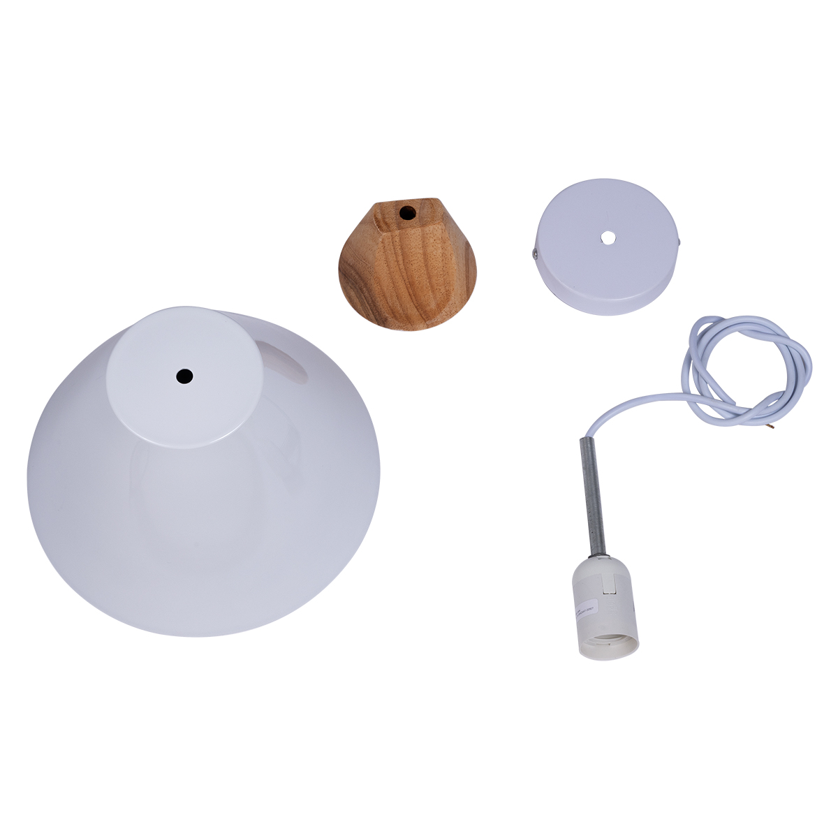 GloboStar® SHADE 00907 Μοντέρνο Κρεμαστό Φωτιστικό Καμπάνα Μονόφωτο 1 x E27 IP20 Λευκό Μέταλλο με Μπεζ Ξύλο - Μ23 x Π23 x Υ22cm