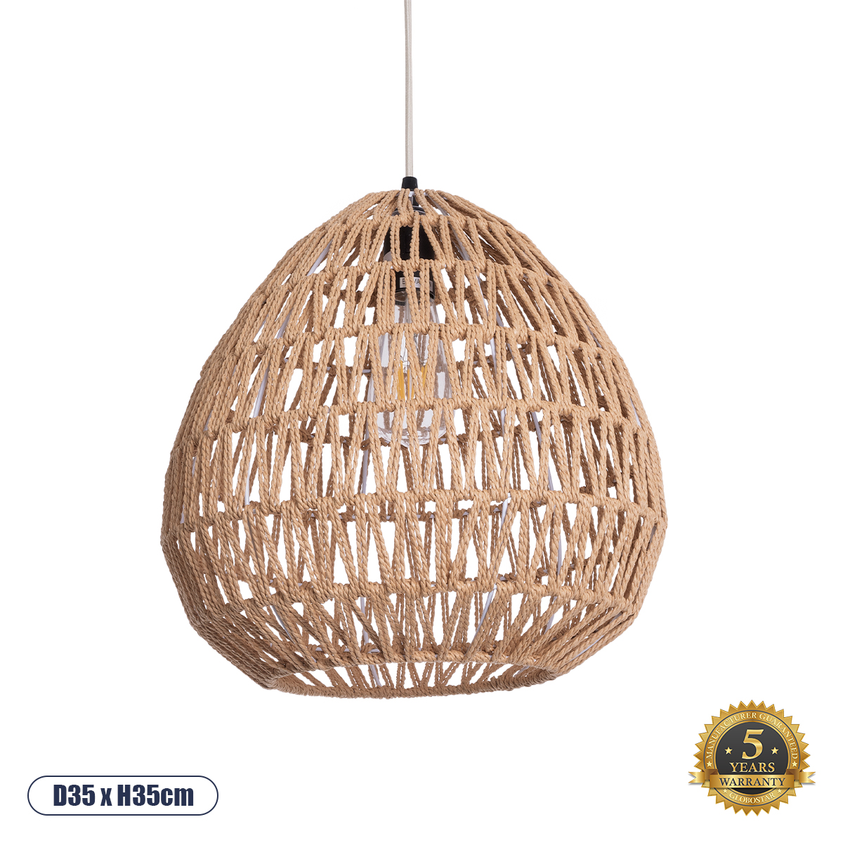 GloboStar® JENSON 00911 Boho Κρεμαστό Φωτιστικό Πλέγμα Μονόφωτο 1 x E27 IP20 Μπεζ Σχοινί - Μ36 x Π36 x Y30cm