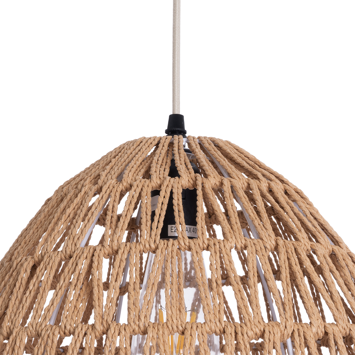 GloboStar® JENSON 00911 Boho Κρεμαστό Φωτιστικό Πλέγμα Μονόφωτο 1 x E27 IP20 Μπεζ Σχοινί - Μ36 x Π36 x Y30cm