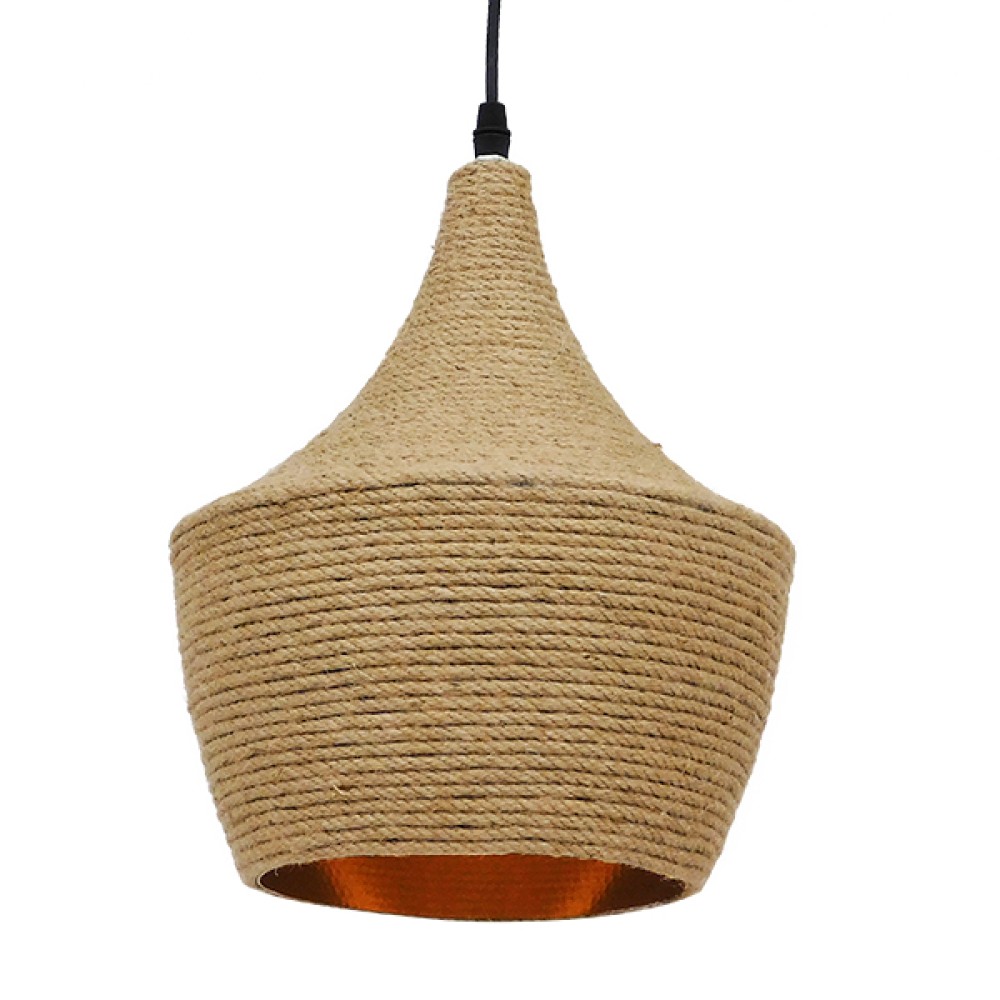 GloboStar® SHANGHAI ROPE 00916 Boho Κρεμαστό Φωτιστικό Καμπάνα Μονόφωτο 1 x E27 IP20 Μπεζ Σχοινί - Μ24 x Π24 x Υ30cm