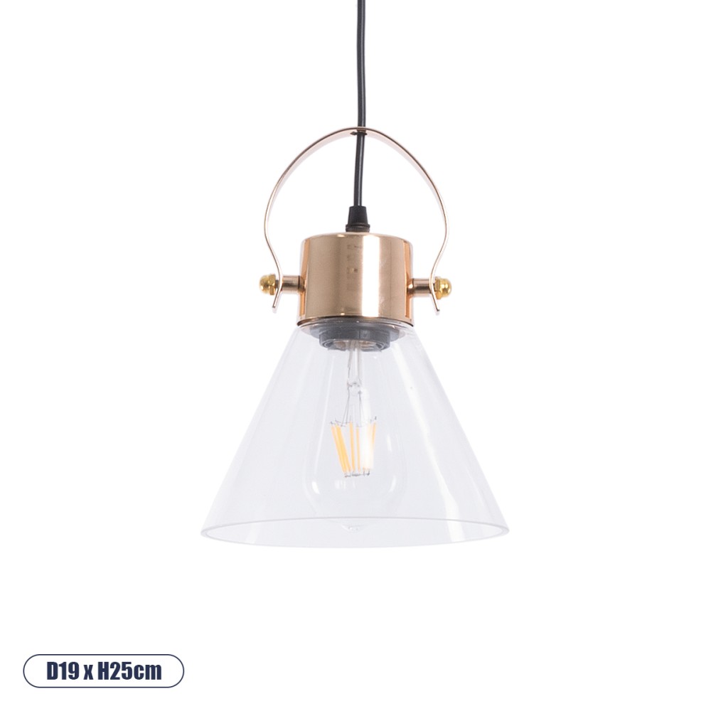 GloboStar® JAVER 00935 Vintage Κρεμαστό Φωτιστικό Καμπάνα Μονόφωτο 1 x E27 IP20 Διάφανο Γυαλί με Χάλκινο Μέταλλο - Μ19 x Π19 x Υ25cm