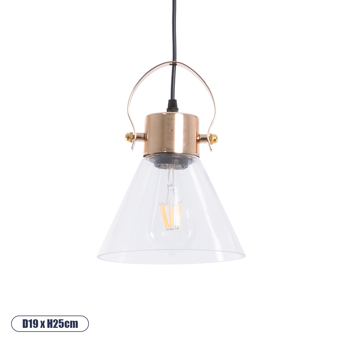 GloboStar® JAVER 00935 Vintage Κρεμαστό Φωτιστικό Καμπάνα Μονόφωτο 1 x E27 IP20 Διάφανο Γυαλί με Χάλκινο Μέταλλο - Μ19 x Π19 x Υ25cm