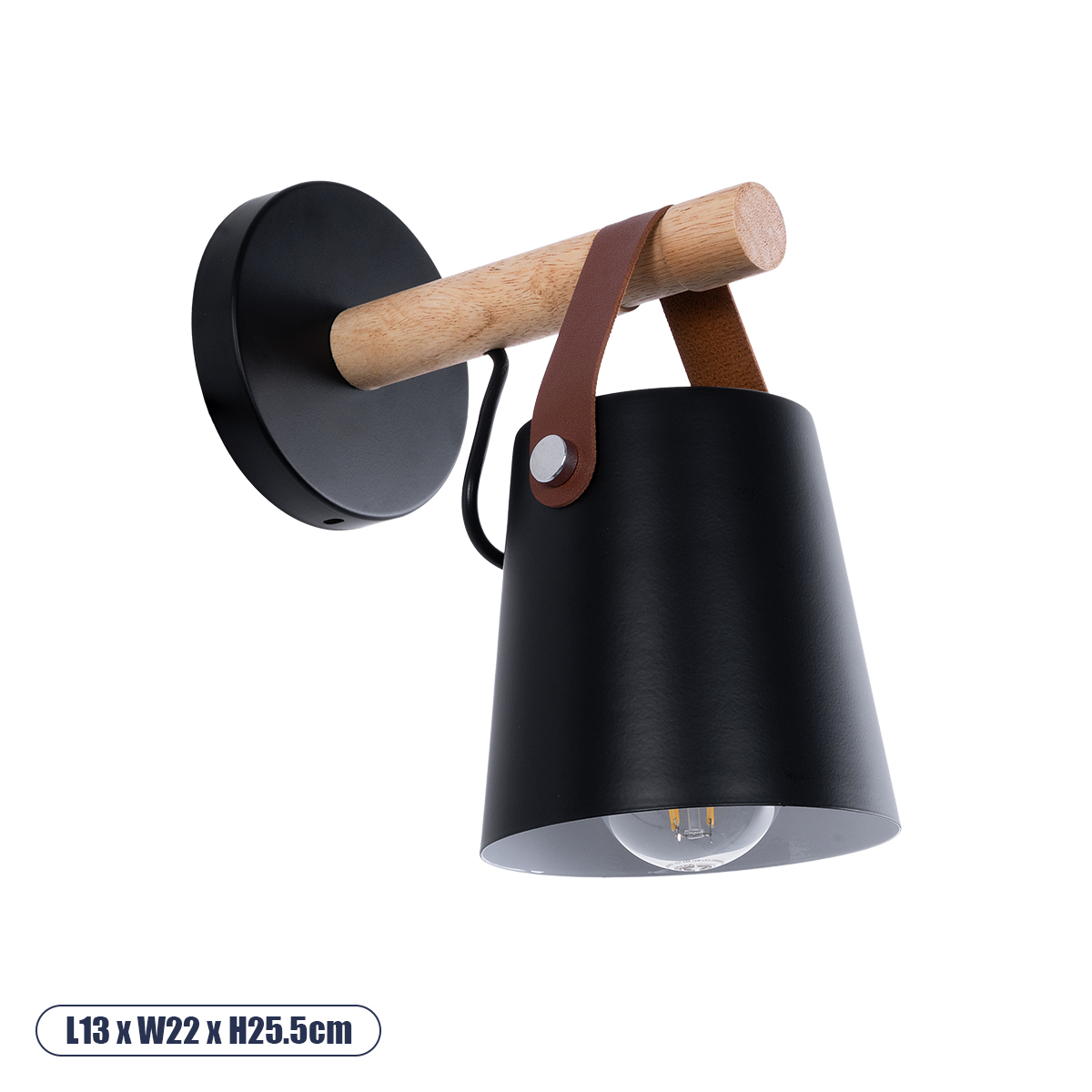 GloboStar® AMY 00947 Μοντέρνο Επιτοίχιο Φωτιστικό Απλίκα Μονόφωτο 1 x E27 IP20 Μαύρο Μέταλλο, Μπεζ Ξύλο με Καφέ Δέρμα - Μ13 x Π22 x Υ25.5cm