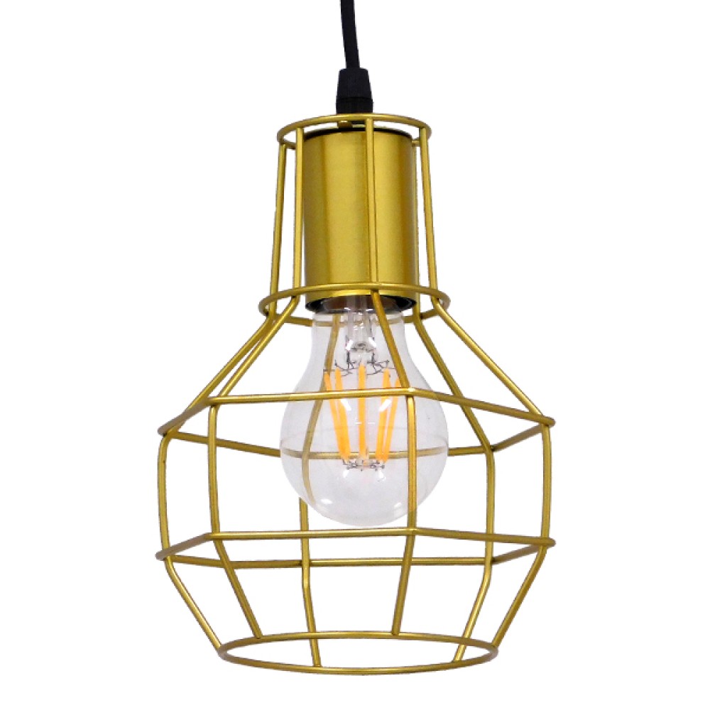 GloboStar® CAGE 00950 Vintage Κρεμαστό Φωτιστικό Πλέγμα Μονόφωτο 1 x E27 IP20 Χρυσό Μέταλλο - Μ15 x Π15 x Y22cm