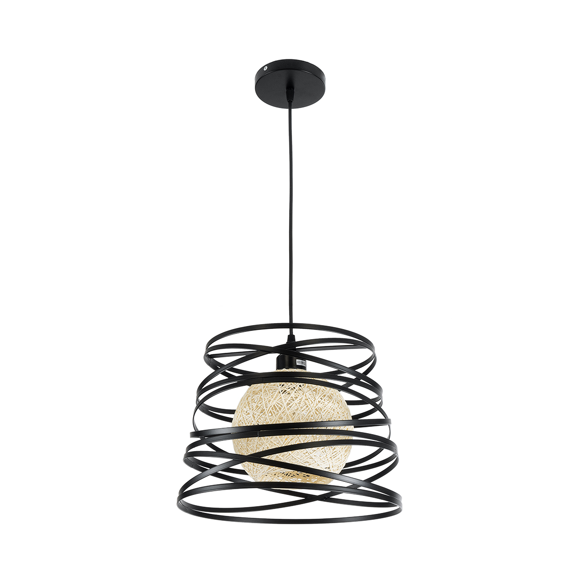GloboStar® CARTER 00961 Μοντέρνο Κρεμαστό Φωτιστικό Πλέγμα Μονόφωτο 1 x E27 IP20 Μαύρο Μέταλλο με Μπεζ Σχοινί - Μ32 x Π32 x Υ25cm