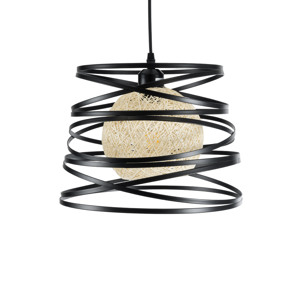 GloboStar® CARTER 00961 Μοντέρνο Κρεμαστό Φωτιστικό Πλέγμα Μονόφωτο 1 x E27 IP20 Μαύρο Μέταλλο με Μπεζ Σχοινί - Μ32 x Π32 x Υ25cm