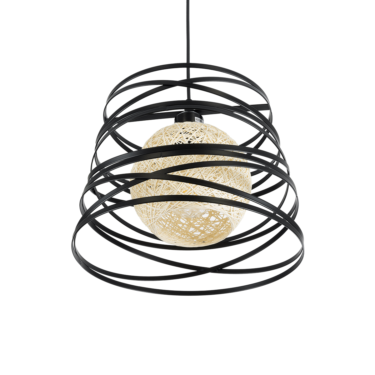 GloboStar® CARTER 00961 Μοντέρνο Κρεμαστό Φωτιστικό Πλέγμα Μονόφωτο 1 x E27 IP20 Μαύρο Μέταλλο με Μπεζ Σχοινί - Μ32 x Π32 x Υ25cm