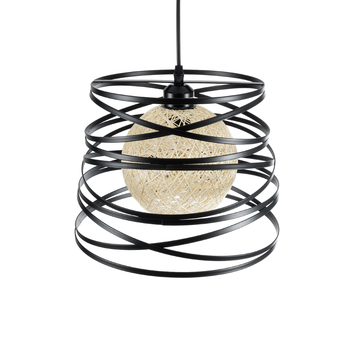 GloboStar® CARTER 00961 Μοντέρνο Κρεμαστό Φωτιστικό Πλέγμα Μονόφωτο 1 x E27 IP20 Μαύρο Μέταλλο με Μπεζ Σχοινί - Μ32 x Π32 x Υ25cm