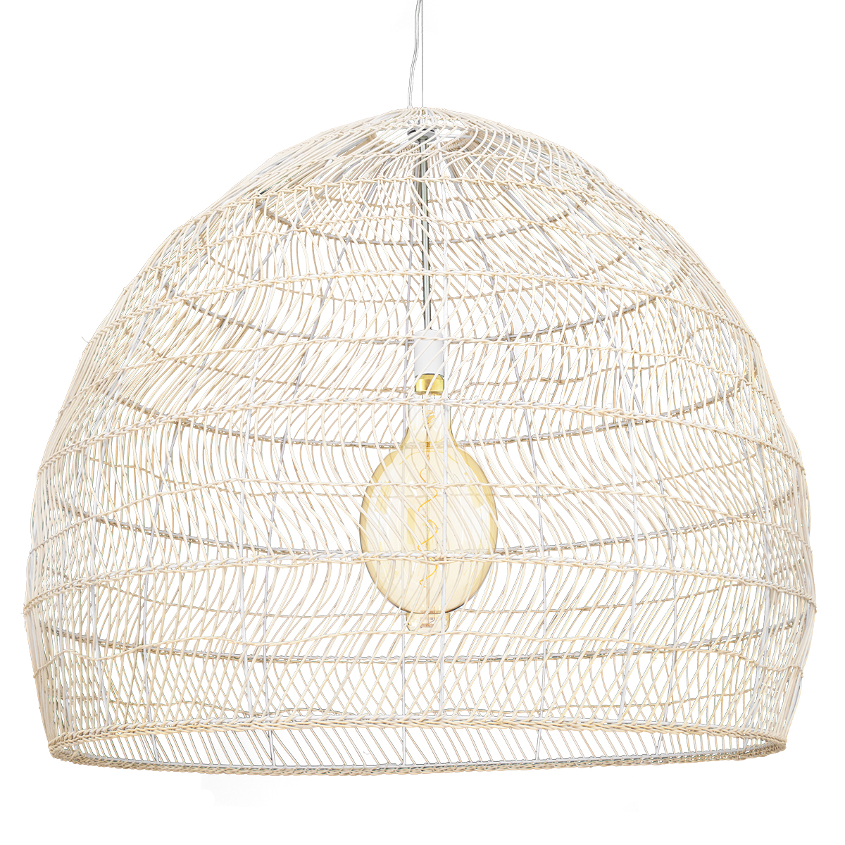 GloboStar® MALIBU 00965 Boho Κρεμαστό Φωτιστικό Πλέγμα Μονόφωτο 1 x E27 IP20 Λευκό Ξύλο - Μ100 x Π100 x Y86cm