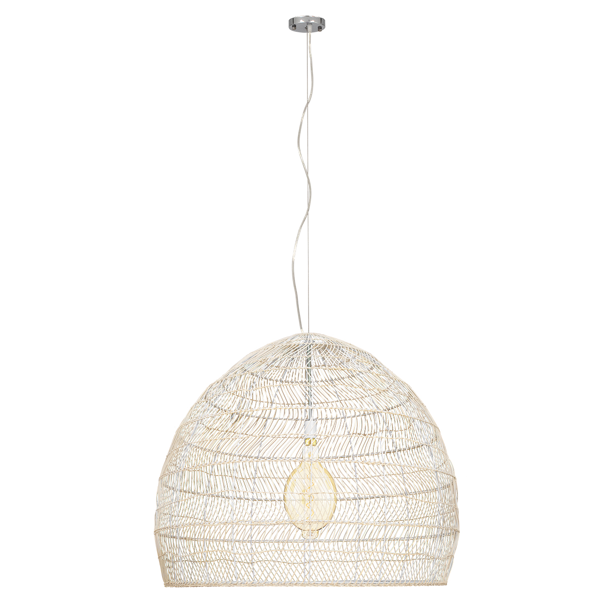 GloboStar® MALIBU 00965 Boho Κρεμαστό Φωτιστικό Πλέγμα Μονόφωτο 1 x E27 IP20 Λευκό Ξύλο - Μ100 x Π100 x Y86cm