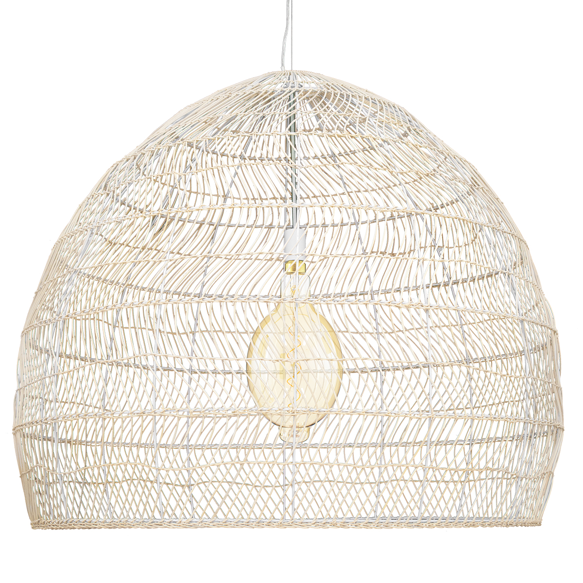 GloboStar® MALIBU 00965 Boho Κρεμαστό Φωτιστικό Πλέγμα Μονόφωτο 1 x E27 IP20 Λευκό Ξύλο - Μ100 x Π100 x Y86cm