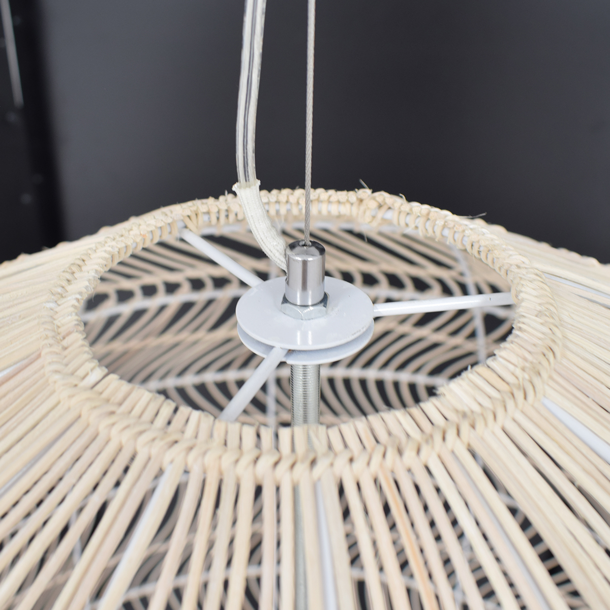 GloboStar® MALIBU 00965 Boho Κρεμαστό Φωτιστικό Πλέγμα Μονόφωτο 1 x E27 IP20 Λευκό Ξύλο - Μ100 x Π100 x Y86cm