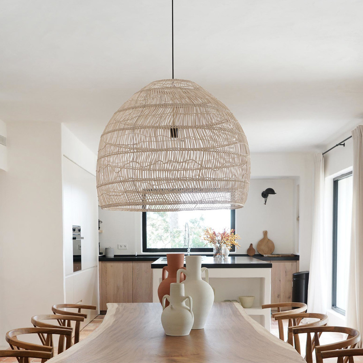 GloboStar® MALIBU 00965 Boho Κρεμαστό Φωτιστικό Πλέγμα Μονόφωτο 1 x E27 IP20 Λευκό Ξύλο - Μ100 x Π100 x Y86cm