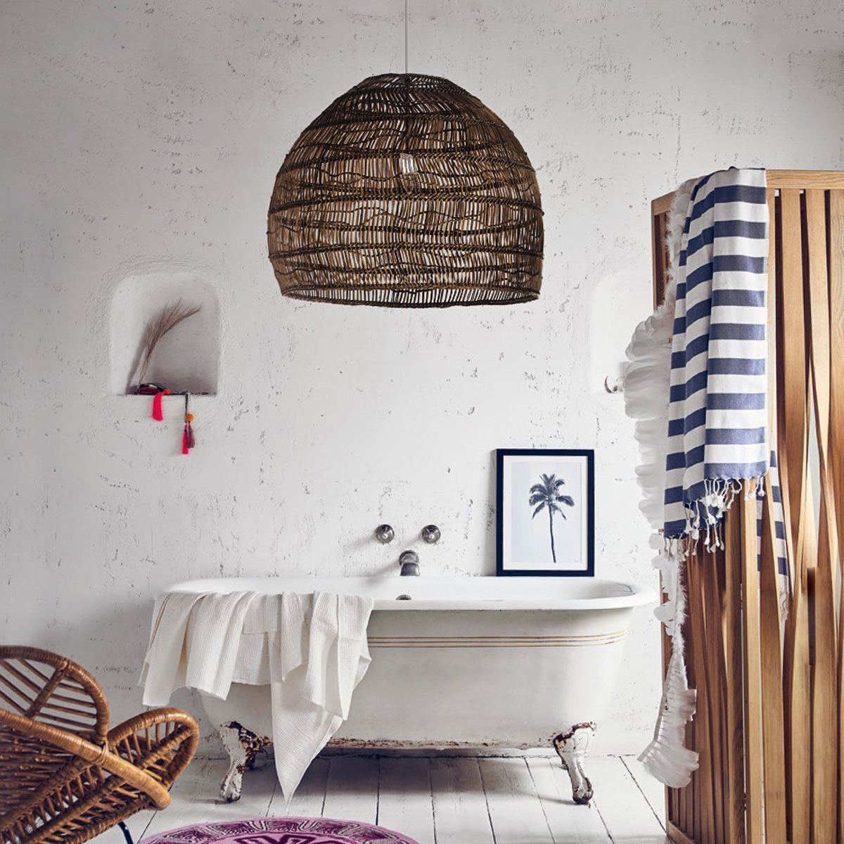 GloboStar® MALIBU 00967 Boho Κρεμαστό Φωτιστικό Πλέγμα Μονόφωτο 1 x E27 IP20 Καφέ Ξύλο - Μ100 x Π100 x Y86cm