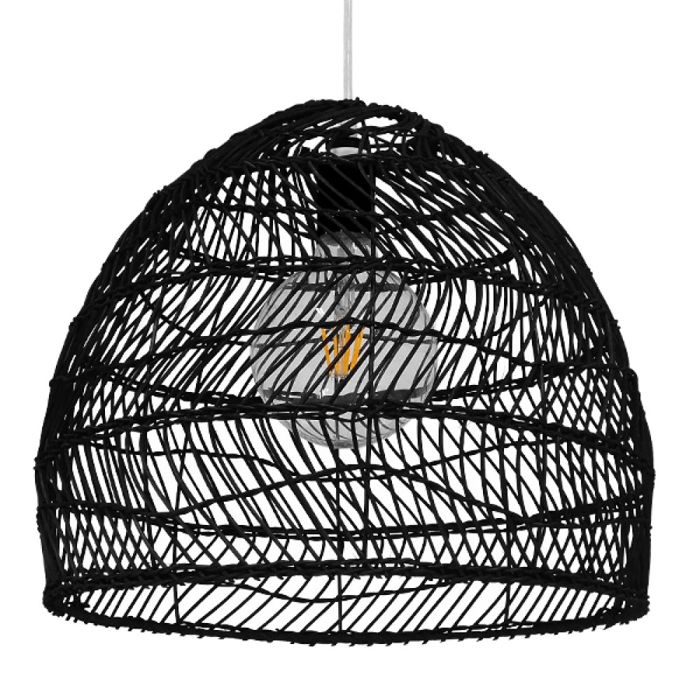 GloboStar® MALIBU 00969 Boho Κρεμαστό Φωτιστικό Πλέγμα Μονόφωτο 1 x E27 IP20 Μαύρο Ξύλο - Μ40 x Π40 x Υ35cm