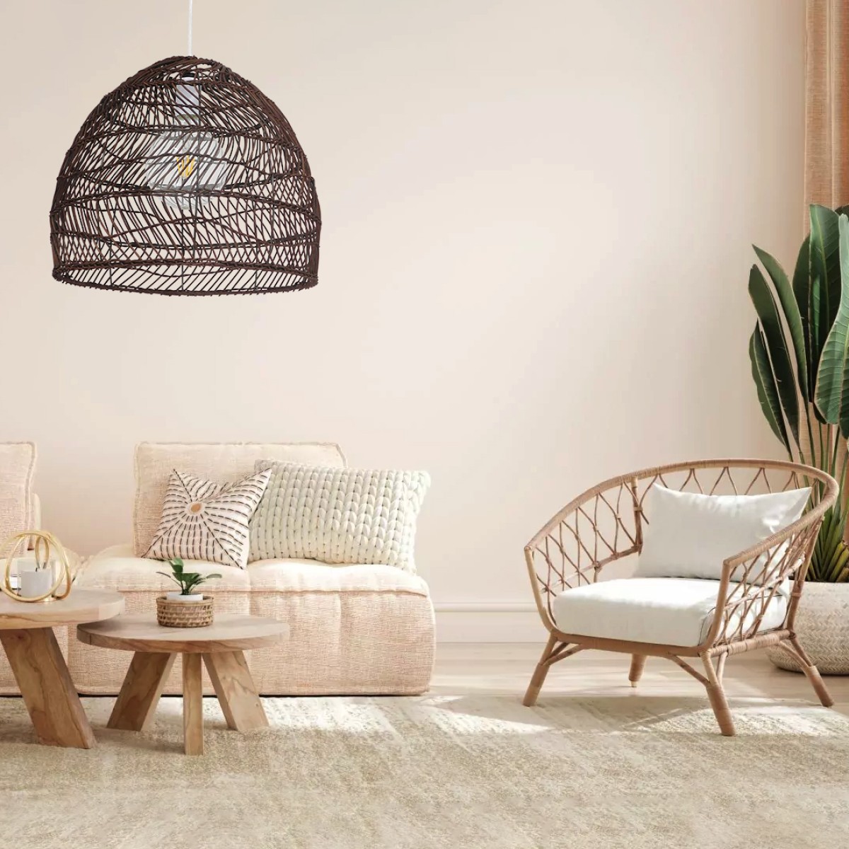GloboStar® MALIBU 00970 Boho Κρεμαστό Φωτιστικό Πλέγμα Μονόφωτο 1 x E27 IP20 Καφέ Ξύλο - Μ40 x Π40 x Υ35cm