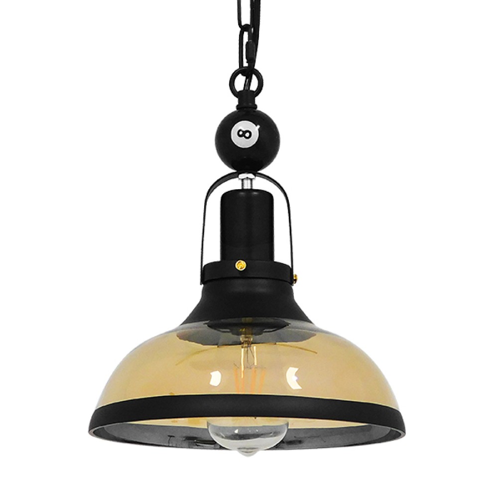 GloboStar® BILLIARD 00971 Vintage Κρεμαστό Φωτιστικό Καμπάνα Μονόφωτο 1 x E27 IP20 Mαύρο Μέταλλο με Μελί Γυαλί - Μ25 x Π25 x Υ29cm