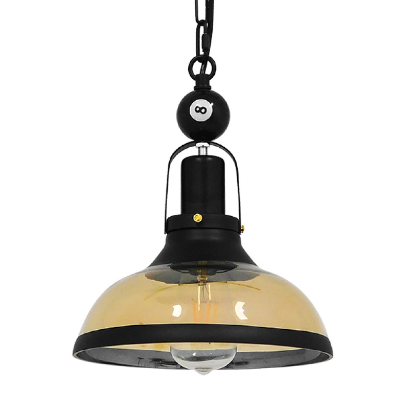 GloboStar® BILLIARD 00971 Vintage Κρεμαστό Φωτιστικό Καμπάνα Μονόφωτο 1 x E27 IP20 Mαύρο Μέταλλο με Μελί Γυαλί - Μ25 x Π25 x Υ29cm